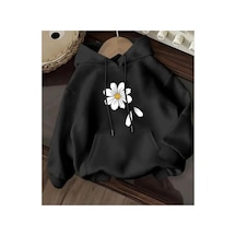Herkesemoda Papatya Baskı Detaylı İçi Polarlı Kapüşonlu Sweatshirt Siyah