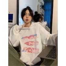 Startmore Letter Graphic Drop Shoulder Oversized Hoodie Beyaz Beyaz