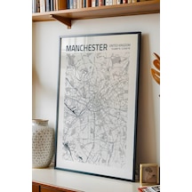 Manchester İngiltere Haritası Çerçeveli Tablo Lüks Salon Ofis Duvar Dekorasyonu Hediyelik Tablo