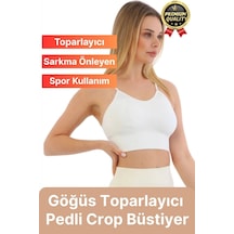 Svein Göğüs Toparlayıcı Sarkma Önleyen Gündelik Spor Kullanım İnce İp Askılı Pedli Çizgili Crop Büstiyer Beyaz