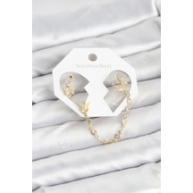 Mey İthalat Kelebek Model Pirinç Gold Renk Zincir Bağlantılı Ear Cuff Küpe Seti Diğer