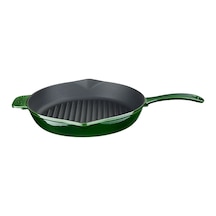 Lava Döküm Yuvarlak Izgara Tavası Çap Ø 28cm. Döküm Demir Yekpare Saplı Premium Serisi. - Majolica Yeşil Yeşil