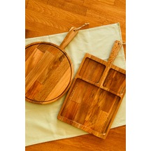 2 Li Doğal Ahşap Saplı Kayın Ağacı Bölmeli Sunum Tabağı 47x26/35