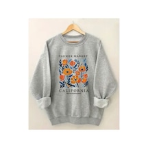 Herkesemoda Çiçekler Baskı Detaylı Bisiklet Yaka İçi Polarlı Sweatshirt Gri