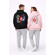 Nevermınd Sevgili Kombini Melek Şeytan Kalp Baskılı Oversize Hoodie Seti Kadın Erkek Siyah Siyah