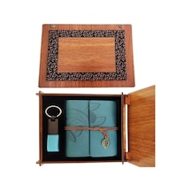Hubrendy Emin Ahşap Kutulu Mavi Deri Defter Ve Anahtarlık Set