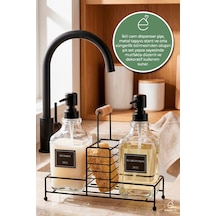 Bambu Standlı Cam Sıvı Sabunluk Seti İkili Deterjanlık Mutfak Banyo Organizer 500 Ml Şeffaf