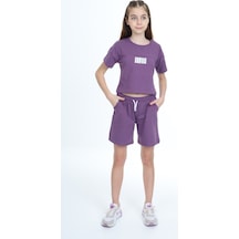 Toontoy Kids Toontoy Kız Çocuk Crop Aloha Yazı Baskılı Şortlu Takım Mor