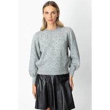 On Fashion Kadın İncili Baklava Desenli Gri Kazak 63316 Gri