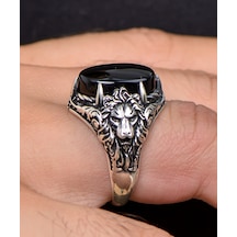 Prestij Gümüş Aslan Figürlü Oniks Taşlı 925 Ayar Gümüş Erkek Yüzüğü