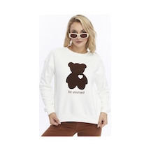 Kadife Be Yourself Desenli Ekru Yumuşak Dokulu Regular Fit Bisiklet Yaka Kadın Sweatshirt Ekru