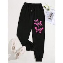 Butterfly Print Drawstring Waist 4 Mevsim Eşofman Siyah