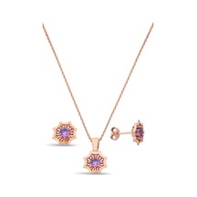 Argentum Concept 925 Ayar Gümüş Mor Taşlı Rose Çiçek Set - 67019202