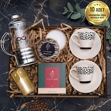 Logonuza Özel 10 Kutu Kahve Hediye Seti French Press, Fincan, Mum Ve Biblo Seti Beyaz