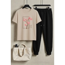 Uyguntarz Unisex Cherry Tree Tasarım Baskılı Tişört - 2'li Eşofman Takımı Bej