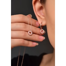 Papatya Silver 925 Ayar Gümüş Rose Kaplama Yuvarlak Kolye ve Küpe Set