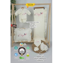 Gros Shop Müslin Yeni Doğan 4katlı Organik %100pamuk Kişiye Özgü Nakışlı Hastane Çıkış Seti Kelebek Model-1 Ekru-4