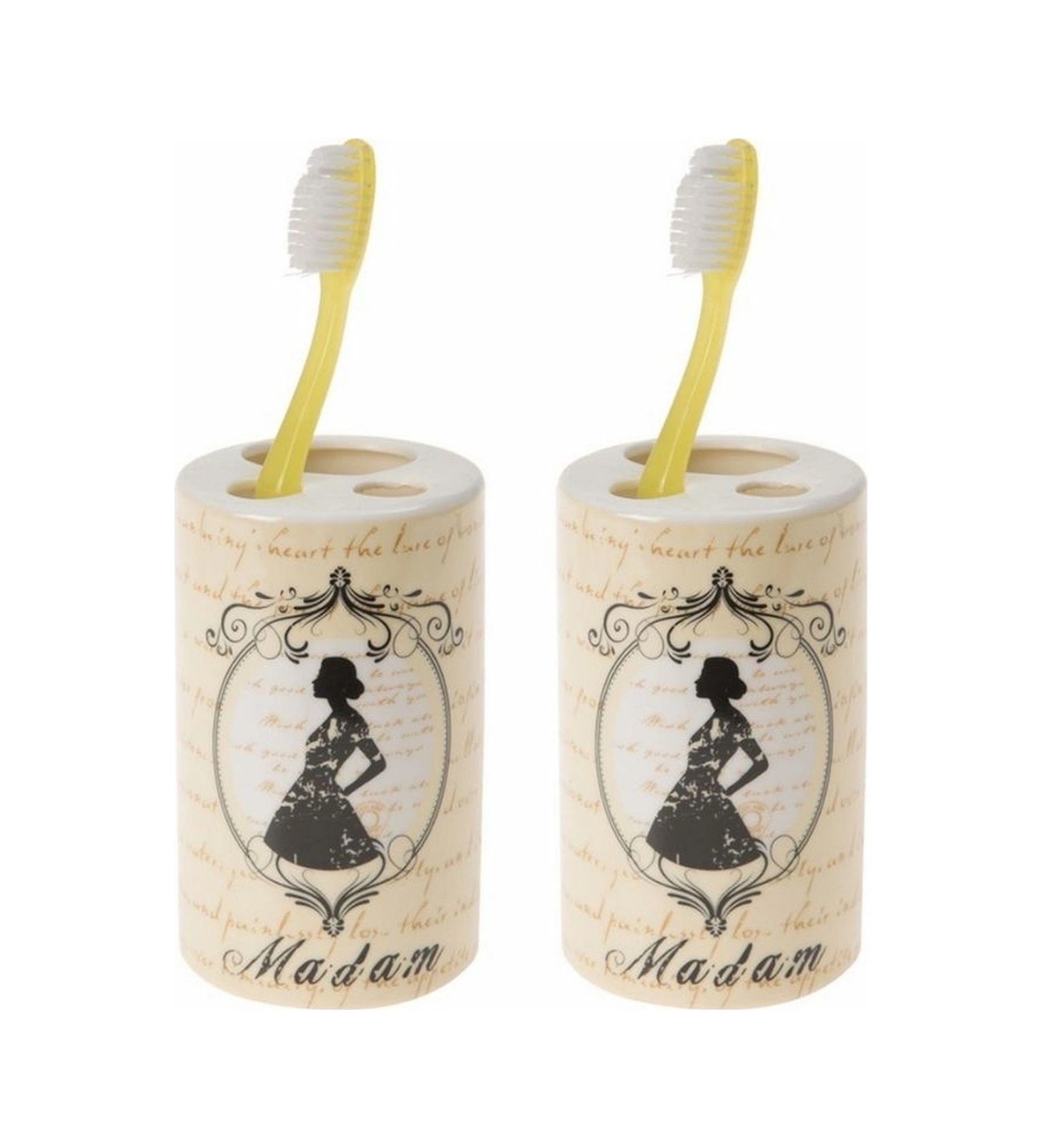 2 Adet Seramik Diş Fırçalık Madam Desenli 7x7x11cm Banyo Seti Çok Renkli