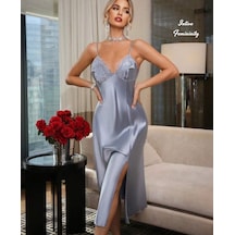 Intive Sugar Saten Midi Boy Saten Yan Yırtmaçlı Göğsü Dantel Detaylı Feminen Gecelik Buz Mavisi