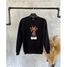 Siyah Oversize Zürafa Baskılı Kapşonsuz 0 Yaka Pamuklu Unisex Sweatshirt Siyah