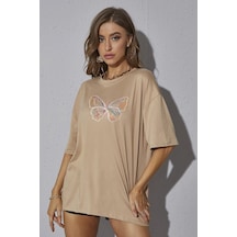 Unisex Butterfly Baskılı Tasarım T-shirt Bej