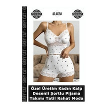 Grey Cat Özel Üretim Kadın Kalp Desenli Şortlu Pijama Takımı Tatil Rahat Moda Beyaz