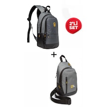 Esvelans Unisex Mini Sırt Çantası Ve Çapraz Askılı Göğüs Omuz Çantası Body Bag Set Gri