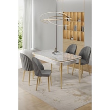 Canisa Rada Serisi 80x132 Açılabilir Lak Panel Beyaz Mermer Desen Masa 4 Gri Sandalye Gold Detay Masa Beyaz Mermer Desen Sandalye Gri