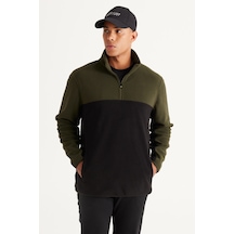AC&Co / Altınyıldız Classics Erkek HAKI-SIYAH Anti-Pilling Tüylenme Yapmayan Standart Fit Bato Yaka İçi Polarlı Polar Sweatshirt 4A5221100015HSYXL