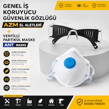 Azm El Aletleri Genel Iş Koruyucu Güvenlik Gözlüğü + Ant Maske Ventilli Partikül Maskesi Koruyucu Set Şeffaf Lens Iş Güvenliği Seti