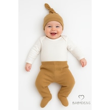 Babyden's 3'lü Bebek Zıbın Takımı Uzun Kollu Body, Patikli Pantolon Ve Şapka %100 Pamuk Fitilli Ribana Kumaş Kahverengi
