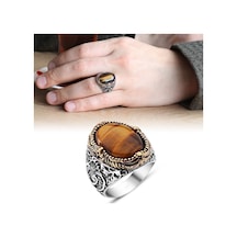 Vav Işlemeli Kaplangözü Taşlı 925 Ayar Gümüş Erkek Yüzük (291698665)