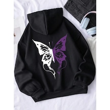 . Essnce Butterfly Print Kangaroo Pocket Drawstring Lined Hoodie Siyah Siyah