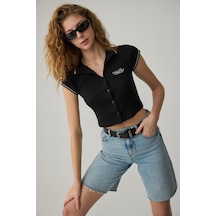 Urban Beat Kaela Kadın Triko Polo Yaka Düğmeli Kısa Kollu Baskı Detaylı Siyah T-shirt Siyah
