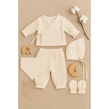 Heianmono 4 Katlı Müslin Yeni Doğan Set Hastane Çıkışı Alt Üst Takım-eldiven-şapka-üçgen Önlük Kız-unisex Bej