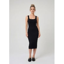 Neden Tekstil Premium Fit Kare Yaka Fitilli Triko Midi Elbise - Siyah