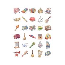 30 Adet Vintage Oyuncak Müzik Aletleri Sticker Seti - Laptop, Defter, Ajanda Çok Renkli