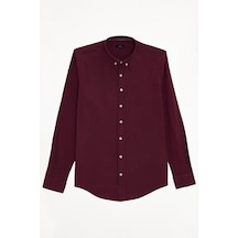 Tudors Erkek Slim Fit Dar Kesim %100 Pamuk Düğmeli Yaka Flam Keten Bordo Gömlek-50270