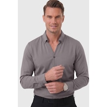 Rizzup Füme Slim Fit Kolay Ütülenebilir Açık Dik Yaka Likralı Erkek Gömlek 2602615