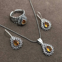 Sitrin Taşlı Oksitli Telkari Kadın Gümüş Üçlü Set