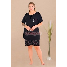 Lady Siyah Renk Ve Çiçek Desenli 10440 Şortlu Büyük Beden Anne Pijama Takımı Siyah - Kırmızı