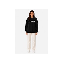 Herkesemoda Glow Up Baskı Detaylı Şardonlu 2 İplik Bisiklet Yaka Sweatshirt Siyah