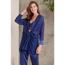 Pierre Cardin 7025 Kadın Lacivert 4'lü Saten Takım Gelin Set Lacivert