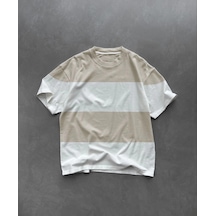Bisiklet Yaka Parçalı T-shirt - Bej -Çok Renkli