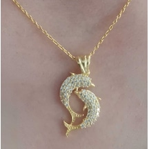 Gümüş Gold Çift Yunus Balığı Kadın Kolye Beyaz