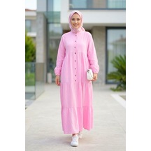 Hb Harma Time Butik Kadın Düğmeli Kat Detaylı Keten Pembe Elbise Pembe Pembe