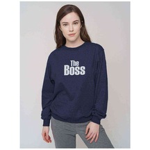 The Boss Baskılı Indigo Mavi Kadın Sweatshirt