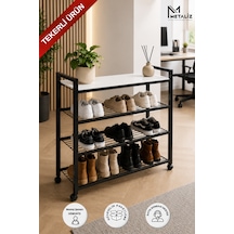 Loft 4 Katlı Siyah Tekerlekli Metal Ayakkabılık, Ahşap Mdf Tablalı, Çok Amaçlı Ayakkabı Düzenleyici, 77x30x70 Cm