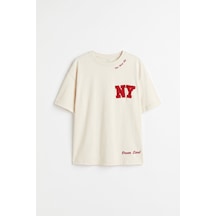 Ekru Oversize Kısa Kollu Baskılı Kız Çocuk T-shirt - 75174
