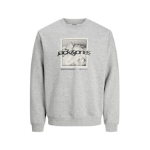About Blank Jack & Jones Erkek Jcoflare Front Print Sweat Crew Neck, Açık Gri Melanj, Xl Acı Kahverengi